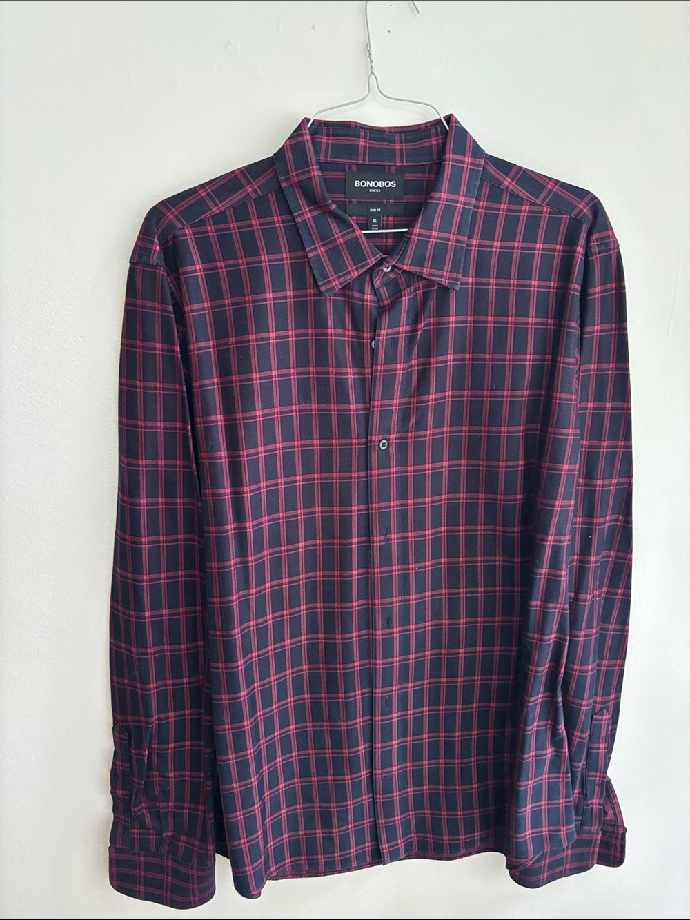 Bonobos navy blue and red plaid long sleeve collared button down shirt